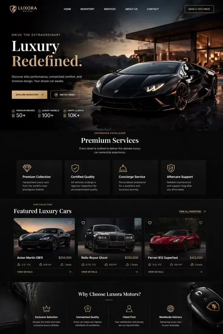 تصميم موقع معرض سيارات فاخرة Luxora Motors