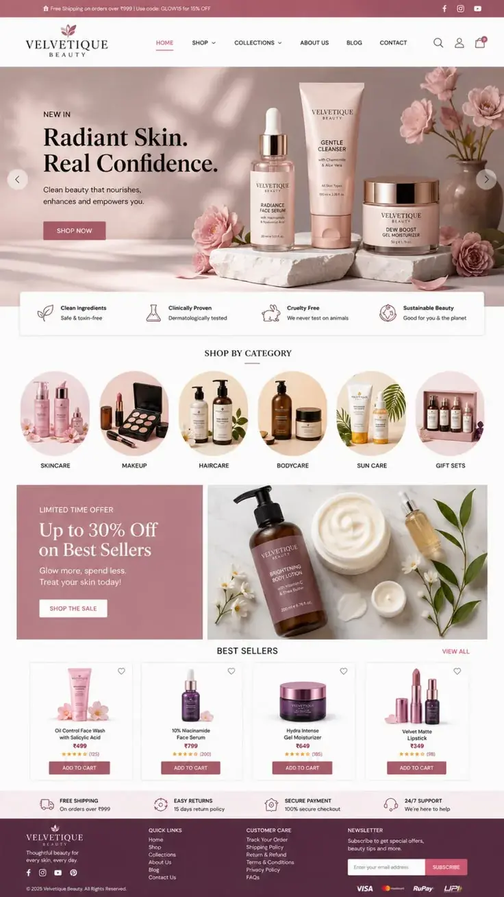 تصميم متجر إلكتروني لمستحضرات التجميل Velvetique Beauty